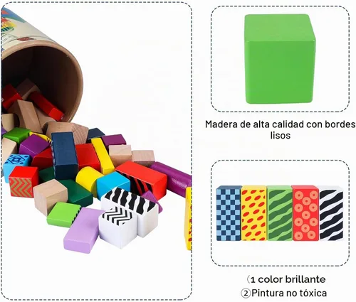 Vista 6 de Offelec Juego de 50 bloques de construcción de madera con cubo de almacenamiento, bloques apilables Montessori y juguetes de clasificación de formas