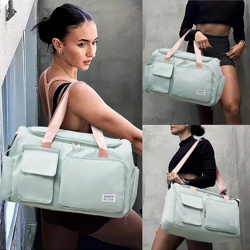 Vista 2 de Bolsa de Gimnasio Pequeña para Mujer, Bolsa de Lona de Viaje, Bolsa de Fin de Semana con Compartimento para Zapatos