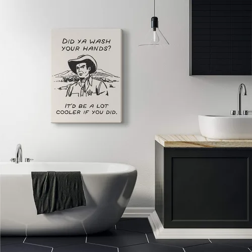 Vista 6 de Cuadros enmarcados de vaquero retro en blanco y negro para la pared de la cocina ¿Lavaste tus manos? Impresiones en lienzo, imágenes divertidas