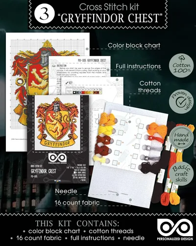 Vista 6 de Personalized.Design Kits de punto de cruz de conteo 'Hgwrts House Crests' - Juego de 5 kits de bordado para adultos Escudos 5 en 1 Hogwarts House