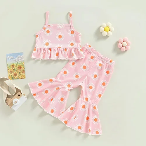 Vista 2 de Conjunto de 2 piezas de ropa para bebé niña, floral, sin mangas, pantalones acampanados, conjunto de 2 piezas de verano