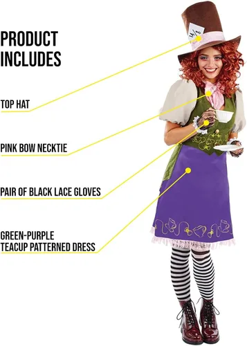 Vista 3 de fun shack Disfraz de sombrerero para mujer, disfraz de personaje de libro de profesores de Halloween para adultos, perfecto para fiestas y eventos
