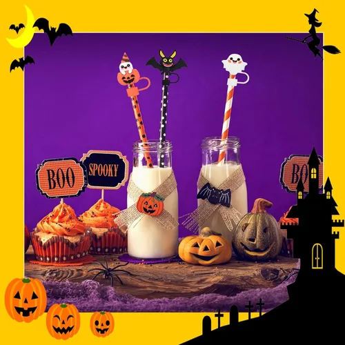 Vista 9 de Haundry 6 piezas cubierta de pajita para tapa de vaso Stanley de 40oz/30oz, tapa de pajita reutilizable linda de fantasma para beber, accesorios