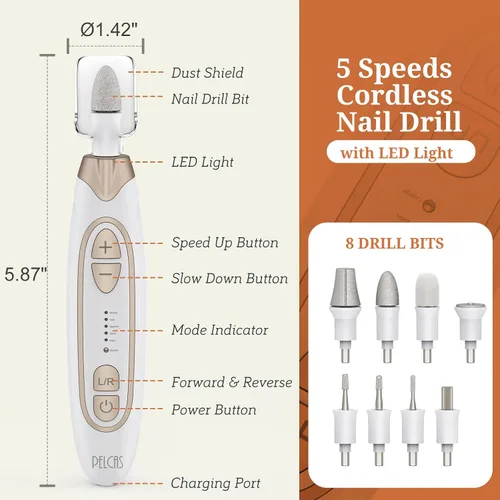 Vista 6 de PELCAS Lijadora Eléctrica de Uñas de los Pies para Uñas Gruesas, Kit de Manicura y Pedicura de 5 Velocidades, Taladro de Uñas Inalámbrico con Luz