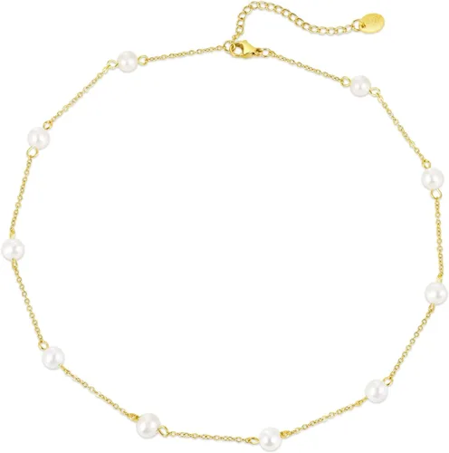Vista 8 de Gargantilla de perlas, chapado en oro de 14 quilates, delicado collar de gargantilla con cuentas para mujeres y niñas, collar de perlas naturales