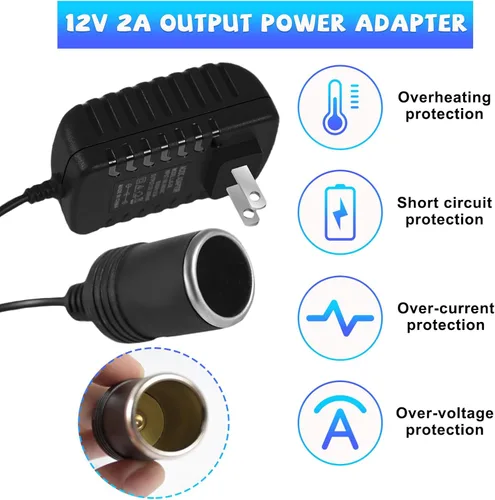 Vista 3 de Convertidor de CA a CC, 100-240V a 12V 2A 24W Convertidor AC/DC, enchufe para encendedor de cigarrillos, fuente de alimentación de CA/CC