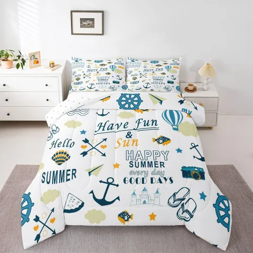 Vista 19 de Juego de edredón de casa del lago, tamaño individual, juego de ropa de cama con ancla náutica para niños, adolescentes y adultos, edredón retro