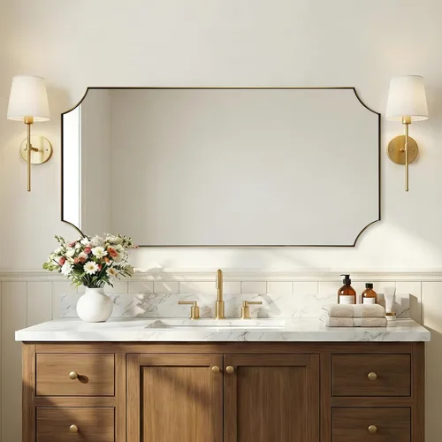 Vista 34 de ANDY STAR Espejo de baño de bronce cepillado, espejo festoneado de 24 x 36 pulgadas para baño, espejo rectangular de bronce antiguo con marco