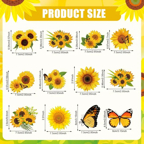Vista 2 de Qunclay 36 piezas de decoración de árbol de girasol, adornos de madera de verano, flores amarillas de primavera, mariposa, adorno colgante de madera