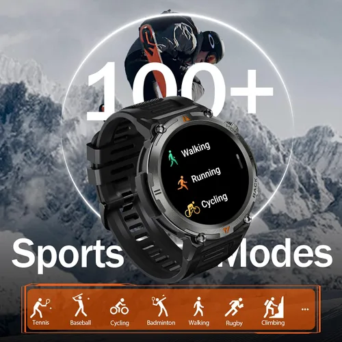 Vista 3 de Reloj inteligente militar para hombres con linterna LED 1.45 "HD 3ATM impermeable Rugged Smart Watch with 100+ Sports Modes Fitness Tracker with