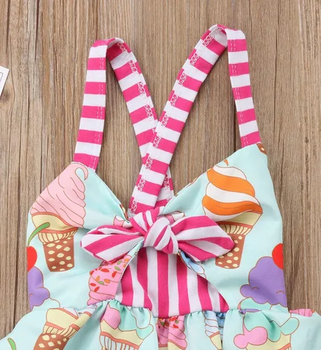 Vista 3 de Falda de verano para niñas pequeñas, vestido sin espalda con tirantes y estampado de helado