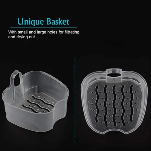Vista 6 de Caja de dentadura azul oscuro, taza de dentadura con colador, caja de baño de dentadura postiza, caja de almacenamiento de dientes falsos con cesta