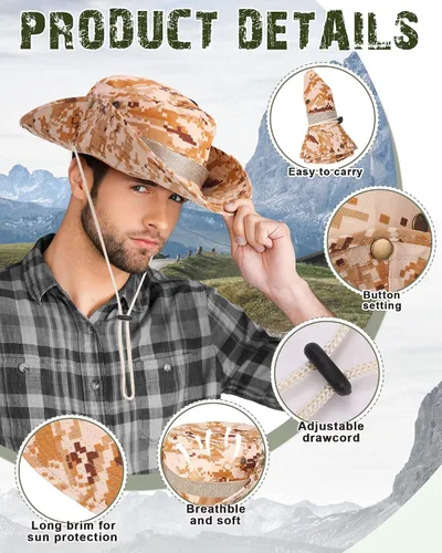 Vista 3 de 10 sombreros Boonie de ala ancha, diseño de camuflaje, protección solar UV, sombrero de pesca para hombres y mujeres, senderismo, safari, caza