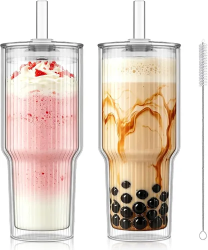 Vista 10 de KEMORELA Juego de 2 vasos de vidrio de doble pared de 28 onzas, popotes reutilizables extra anchos de 0.512 in, vaso Boba, vasos de agua de boca