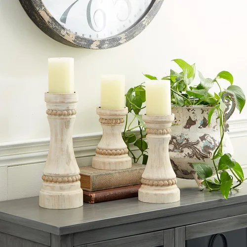 Vista 13 de Deco 79 Portavelas decorativo de metal de aluminio, soporte de vela de palmera, juego de 3 candelabros de 6 pulgadas, 8 pulgadas, 10 pulgadas