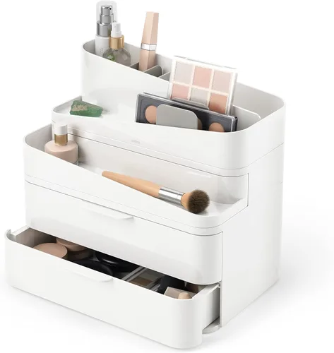 Vista 7 de Umbra Glam Organizador de cosméticos, contenedor de almacenamiento versátil con inserto extraíble para baño, oficina y más, color blanco