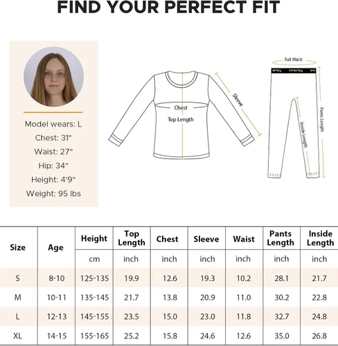 Vista 6 de INNERSY Conjunto de ropa interior térmica para niñas, ligera, capa base, 1 paquete