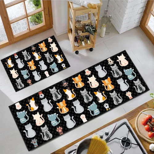 Vista 4 de JWXCBIM Juego de 2 alfombras de cocina con diseño de gato, decoración de estilo granja campestre, tapete de piso de cocina, alfombra antideslizante