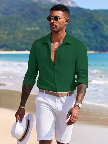 Vista 3 de COOFANDY Camisas casuales de lino de manga larga con botones para hombre