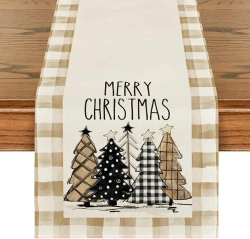 Vista 12 de Artoid Mode Acuarela a Cuadros Buffalo Árboles de Navidad Feliz Navidad Camino de Mesa, Decoración de Mesa de Cocina y Comedor de Temporada