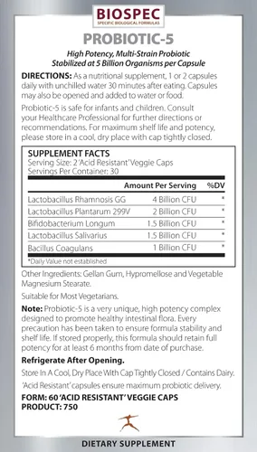 Vista 2 de BIOSPEC NUTRITIONALS Probiotic-5 - Complejo probiótico de amplio espectro con 5 mil millones de microorganismos y 5 cepas únicas por cápsula