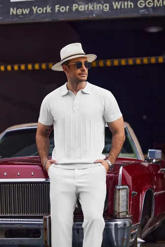 Vista 130 de COOFANDY Camisas polo de punto para hombre de manga corta con textura acanalada Camisas de golf casuales y ligeras con cuello Camiseta de polo