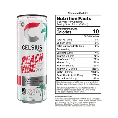 Vista 2 de CELSIUS® Paquete de bebidas energéticas y polvo Zero Sugar, Peach Vibe