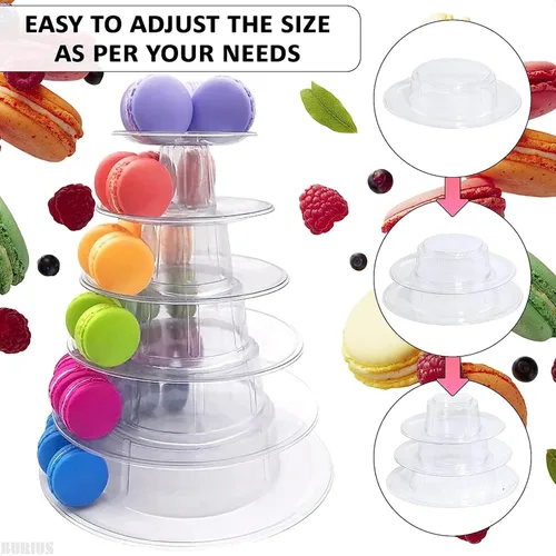 Vista 5 de Torre de macaron de 6 niveles, estante redondo de plástico para macarrones, soporte de postre transparente para tartas, soporte de donas para baby