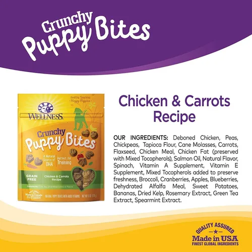 Vista 3 de Wellness Crunchy Puppy Bites - Golosinas de entrenamiento para perros sin granos naturales (paquete de 2 bolsas de pollo y zanahorias de 6 onzas)