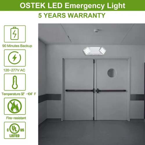 Vista 2 de Luz de emergencia LED con batería de respaldo, dos luces de salida de emergencia ajustables de cabeza cuadrada para fallos de energía del hogar