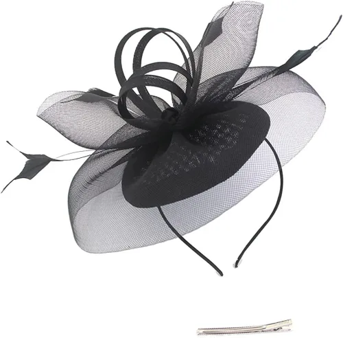 Vista 3 de Sombrero de tocadores para mujer, diadema de fiesta de té, boda, cóctel, flores de malla, clip para el cabello