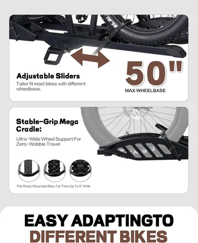Vista 6 de Young Electric Enganche 2 portabicicletas, capacidad de 200 libras, soporte de plataforma para bicicleta eléctrica, hasta 5 pulgadas de grasa