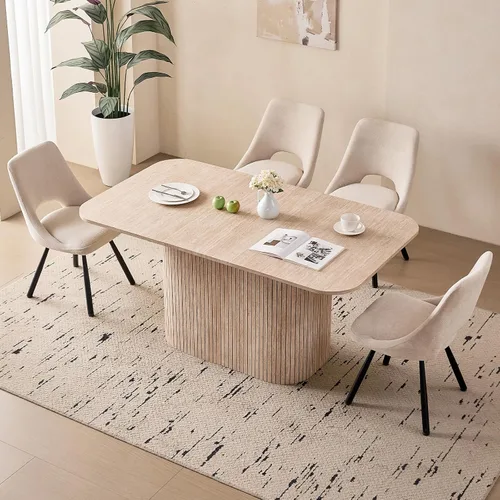 Vista 15 de Juego de 4 mesas de comedor grandes de 63 pulgadas para 4, esquinas redondeadas, mesa de cocina rectangular moderna de madera con sillas Boucle