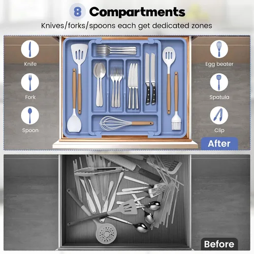 Vista 5 de Caperci Organizador grande de cubiertos para cajón de cocina y utensilios - Organizador de cajones expandible para cubiertos, cubiertos planos