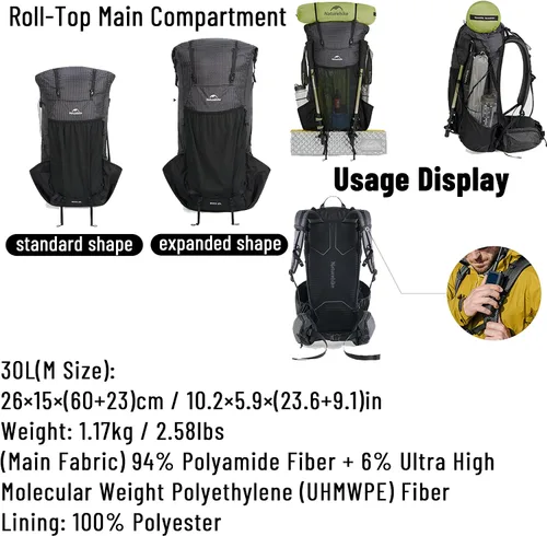 Vista 8 de Naturehike Rock 2.0 Mochila de marco interno con cubierta de lluvia - 30L Negro