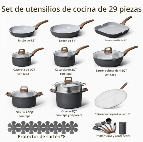 Vista 9 de CAROTE Juego de utensilios de cocina de cerámica, ollas y sartenes de 29 Gris