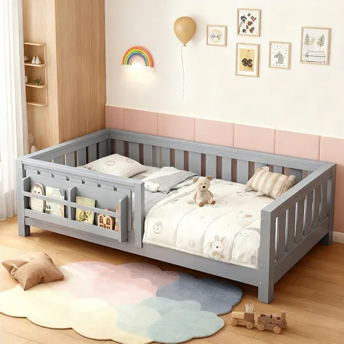 Vista 12 de Marco de cama Montessori Twin con estantería y barandillas, color beige