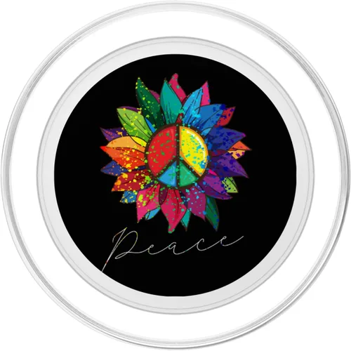 Vista 2 de Cartel de paz con diseño de girasol, flor, arcoíris, hippie, años 70, PopSockets MagSafe PopGrip para iPhone