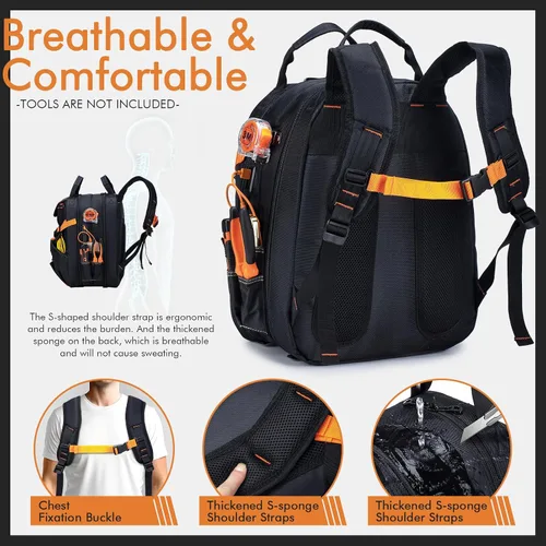 Vista 5 de Mochila de herramientas resistente con 52 bolsillos, bolsa de herramientas para hombres, bolsas impermeables para electricista con compartimento