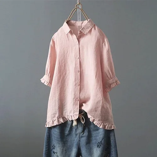 Vista 2 de Camisa de manga con codo y cuello para mujer, estilo simple, de color liso, holgada, casual, de algodón y lino