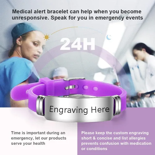 Vista 139 de OPALSTOCK Pulseras médicas personalizadas de silicona ajustable para identificación de emergencias, grabado gratuito, 9 pulgadas, resistente al