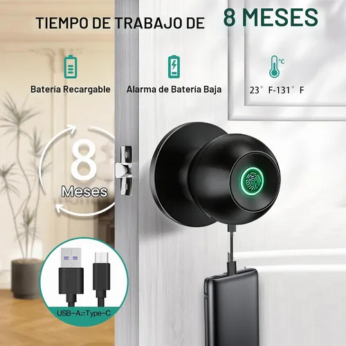 Vista 4 de Pomo de puerta inteligente, perilla de puerta de huellas dactilares, cerradura de puerta inteligente biométrica con control de aplicación, pomos