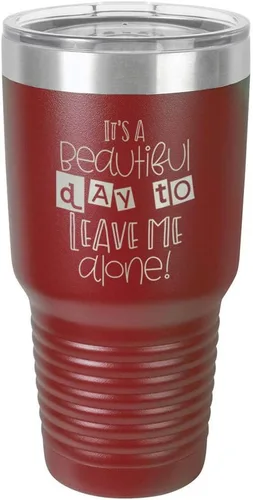Vista 12 de Taza de viaje de acero con recubrimiento de polvo grabado por láser con grabado «It 'S A BEAUTIFUL DAY TO LEAVE ME ALONE» de 325 ml con campana