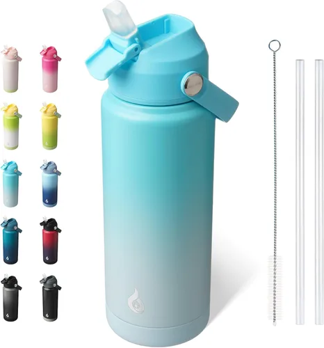 Vista 54 de BJPKPK - Botella de agua aislada con tapa de popote, 532 ml Botellas termo con boquilla suave, asa flexible y base antideslizante, libre de BPA, a
