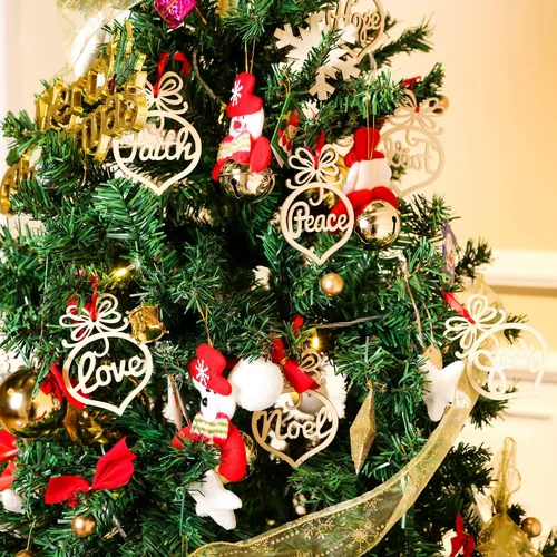 Vista 7 de Bememo 30 adornos de Navidad a granel de madera para árbol de Navidad, colgantes de fe, esperanza, rústico, religioso, cristiano, adornos huecos