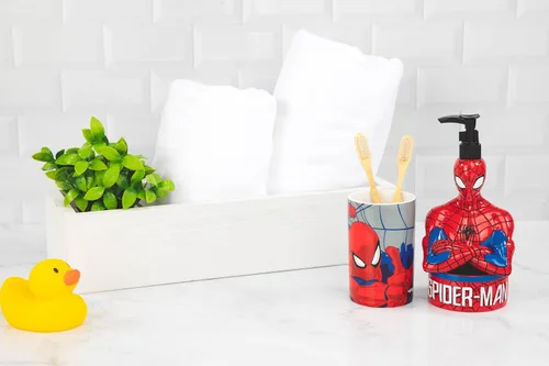Vista 4 de Jay Franco Marvel Spiderman Dispensador de jabón, accesorio de baño de superhéroes rojo y azul para niños, bomba de loción de resina Rojo - Spiderman