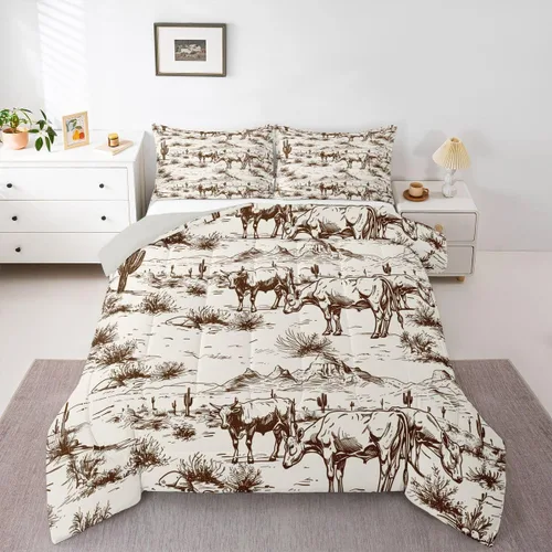 Vista 23 de Juego de edredón de vaquero individual, ropa de cama occidental para niños y hombres, ilustración dibujada a mano de caballo americano salvaje
