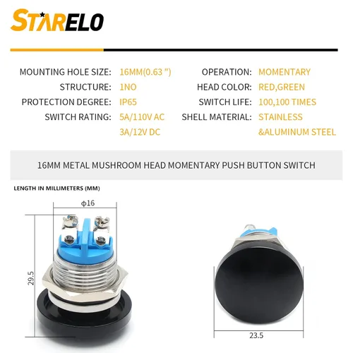 Vista 2 de STARELO Interruptor momentáneo de botón de presión de 16 mm con cabeza de hongo, metal de acero inoxidable IP65 impermeable 2Pin SPST 1NO 5A 250V AC