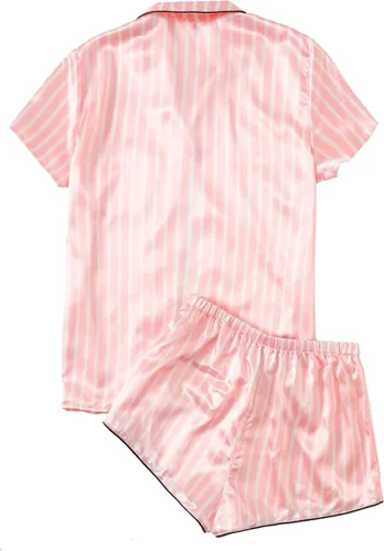 Vista 2 de WDIRARA Conjunto de pijama de satén de manga corta y pantalones cortos para mujer