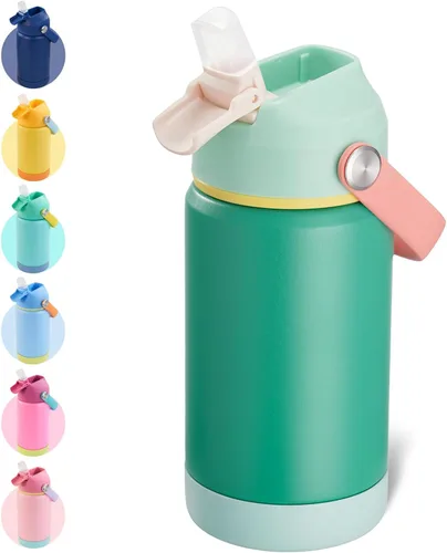 Vista 29 de Kerilyn - Botella de agua para niños, de acero inoxidable, con pajilla a prueba de fugas, con aislamiento térmico, libre de bisfenol A, unisex